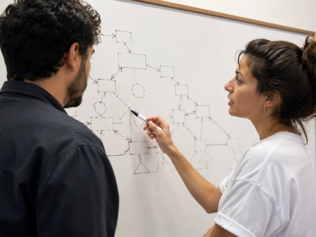 Dois alunos em pé diante do quadro branco, desenhando a ordem de um argumento