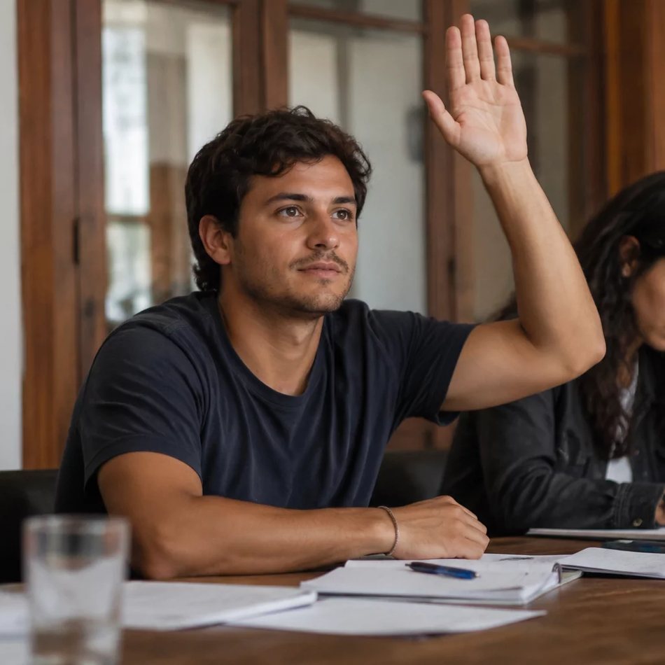 Roda de participantes; um deles repete em voz alta o argumento do colega antes de dar a resposta